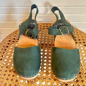 Funkis Green Suede Leather Wooden Heeled Clogs